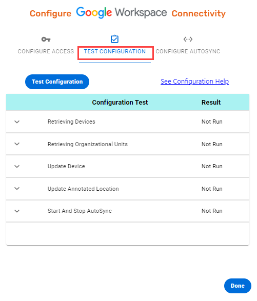 Configure Google Workspace Connectivity Test Configuration screen